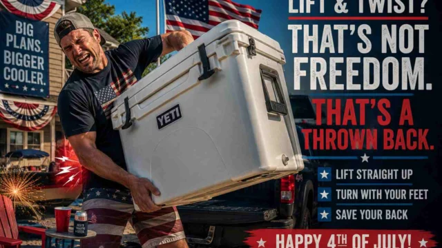 Man struggles to lift a large cooler into a pickup truck, grimacing under a patriotic July 4 backdrop and banners; bold ad copy emphasizes safe lifting and back protection.