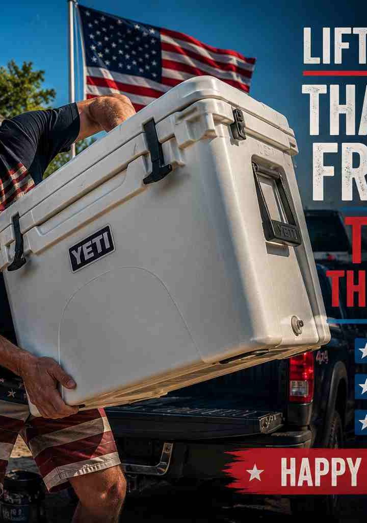 Man struggles to lift a large cooler into a pickup truck, grimacing under a patriotic July 4 backdrop and banners; bold ad copy emphasizes safe lifting and back protection.