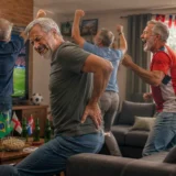 Group of older men cheering and celebrating a soccer match on a TV in a cozy living room, with flags and snacks on the coffee table.