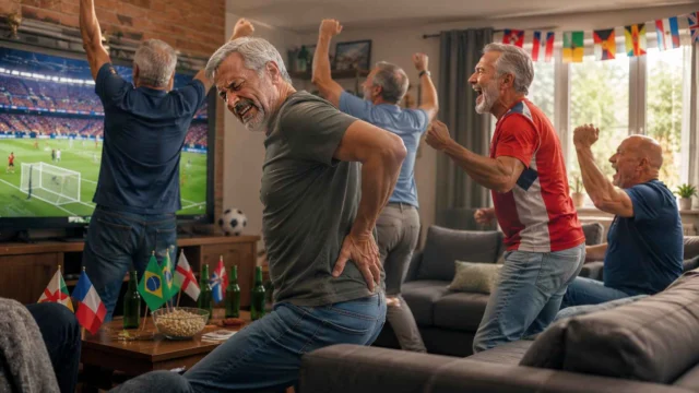 Group of older men cheering and celebrating a soccer match on a TV in a cozy living room, with flags and snacks on the coffee table.