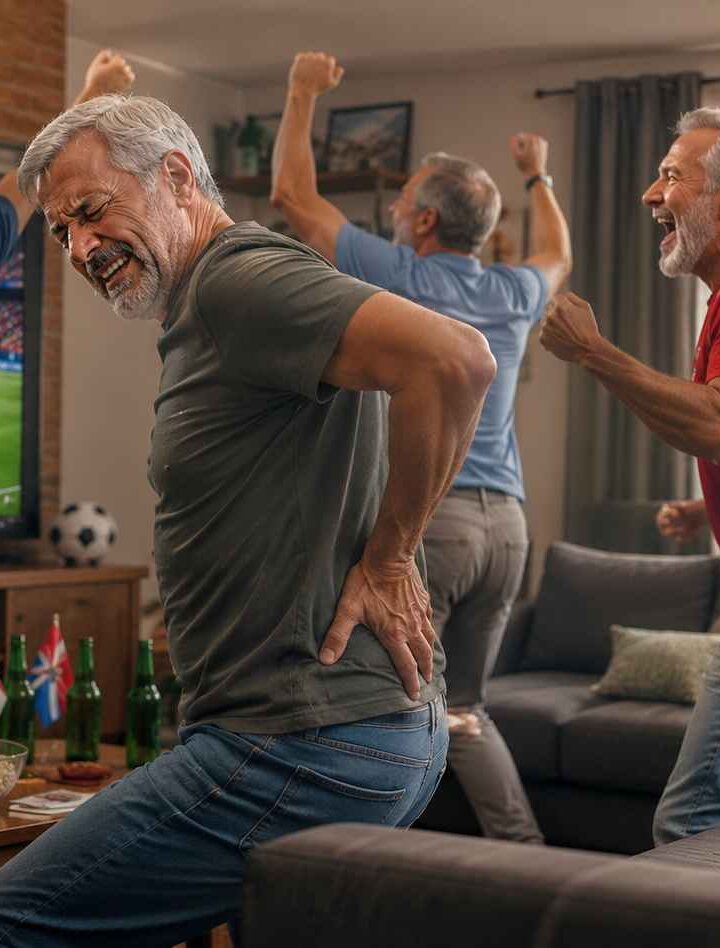 Group of older men cheering and celebrating a soccer match on a TV in a cozy living room, with flags and snacks on the coffee table.