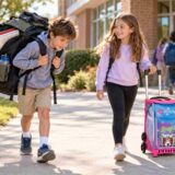 Two kids walk outside a school with large backpacks; a boy carries a huge backpack and a girl pulls a pink rolling suitcase, both smiling.