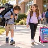 Two kids walk outside a school with large backpacks; a boy carries a huge backpack and a girl pulls a pink rolling suitcase, both smiling.