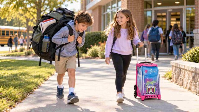 Two kids walk outside a school with large backpacks; a boy carries a huge backpack and a girl pulls a pink rolling suitcase, both smiling.