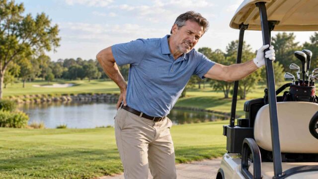 Back Pain After Golfing | Campbell Chiropractor Man with a blue polo stands by a golf cart, clutching his lower back in apparent pain on a sunny golf course.