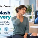 Whiplash recovery promo: woman holding her neck during a consultation with a doctor, neck X-ray visible on a monitor.