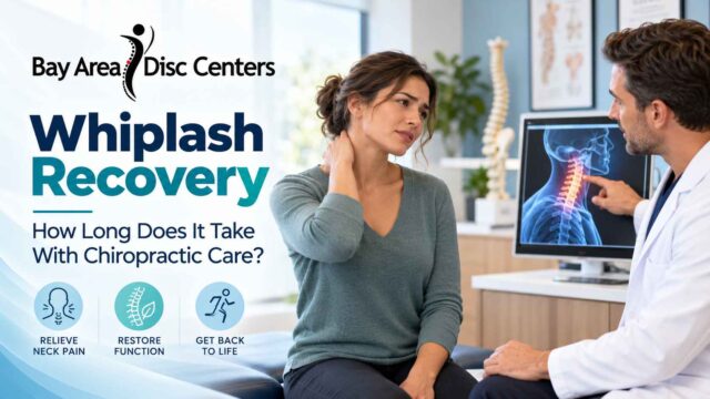 How Long Does Whiplash Take to Heal? | Campbell Chiropractor Whiplash recovery promo: woman holding her neck during a consultation with a doctor, neck X-ray visible on a monitor.